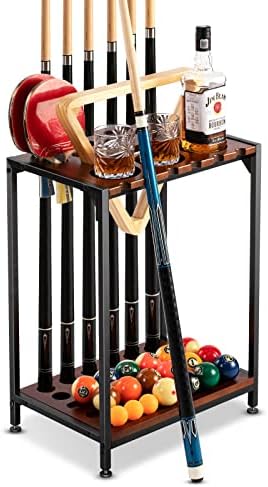 EXTCCT Pool Cue Rack Floor Stand, Metal & Wood, 12 Cues & Ping Pong, Brown by EXTCCT