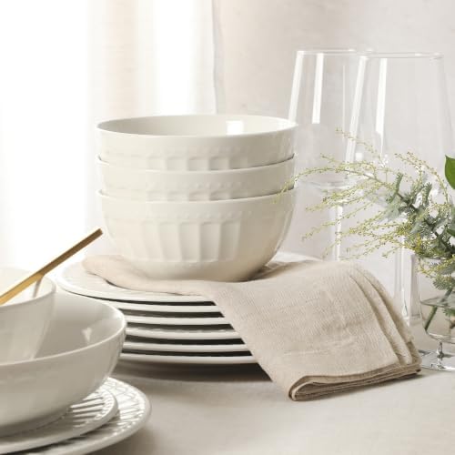 Gibson Home Melbourne White Plates and Bowls Set, 16 Piece Embossed Ceramic Dinnerware Set - Service for 4 Dishes - With Pasta Bowl - Image 7
