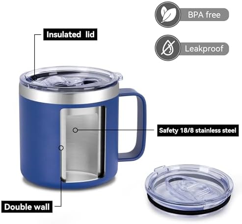 VEGOND 14 oz Insulated Coffee Mug with Handle, Stainless Steel Travel Coffee Mug with Lid, Double Wall Vacuum Metal Coffee Cup, Coffee Tumbler Powder Coated, Navy Blue - Image 4