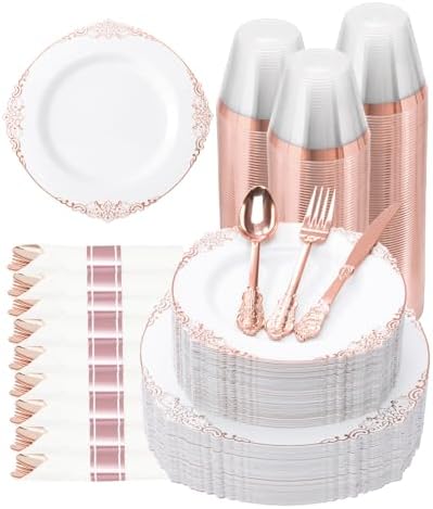 Goodluck 350 Piece Rose Gold Plastic Dinnerware Set for 50 Guests by GoodLuck