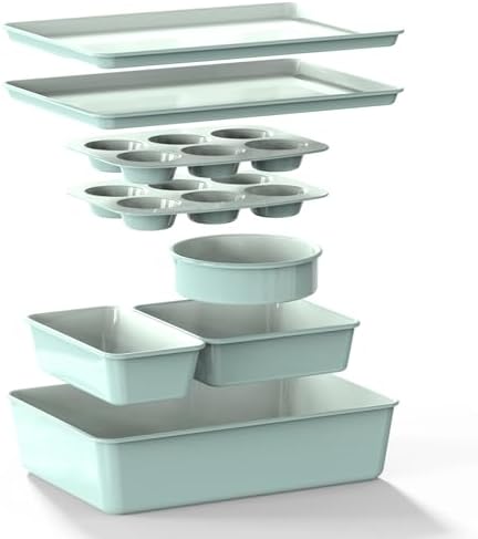 Larder & Vine 8-Piece Stackable Bakeware Set, Ceramic-Coated Nonstick Baking Pan Set, Non-Toxic, with Baking Sheets, Muffin Pan, Loaf Pan & Cake Pans, Sage by LarderVine