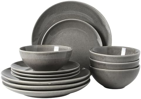 Gibson Elite Castle Peak Plates and Bowls Set, 12-Piece Dinnerware Set, Grey Reactive Glaze Stoneware Dishes, Dinner Plates, Salad Plates & Cereal Bowls by GibsonHomewares
