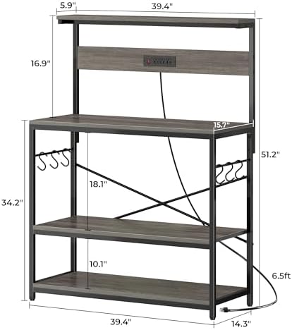 SUPERJARE Bakers Rack with Power Outlets, Microwave Stand, 39.4 X 14.3 Inch Larger Desktop, Kitchen Storage Rack with Adjustable Middle Shelf, 6 S-Shaped Hooks, Coffee Bar Stand, Grey - Image 7