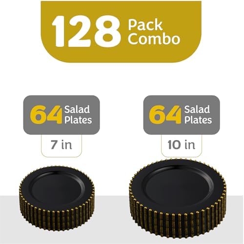 PLASTICPRO 128 Piece Combo Plastic Dinner Plates Disposable Plastic Fancy Heavy Duty Party Dishes 7 inch and 10 inch, Black and Gold Beaded - Image 5