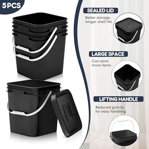 Mumufy 5 Pcs 3.5 Gallon Square Food Grade Bucket with Lid, Black - Image 3