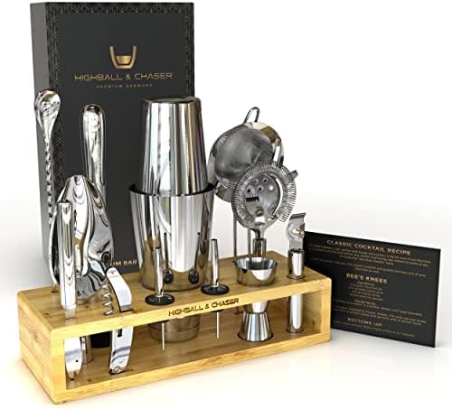 Highball & Chaser 13-Piece Boston Cocktail Shaker Set Stainless Steel Mixology Bartender Kit With Stand For Home Bar Cocktail Set | Laser Engraved Cocktail Tools | Plus E-Book with 30 Cocktail Recipes - Image 2