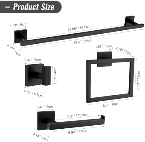 YACVCL Black Towel Bar Set 5-Piece Bathroom Hardware Accessories Set,SUS304 Stainless Steel Towel Rack Set,23.6 Inch Towel Bar,Toilet Paper Holder,Towel Ring and Towel Hooks,Wall Mounted - Image 6