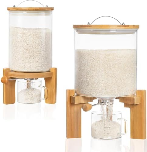 HBlife Glass Rice Dispenser with Wooden Stand Flour and Cereal Container with Glass Measuring Cup Pantry Food Organization Storage Bin with Airtight Bamboo Lid, 3L+5L by HBlife