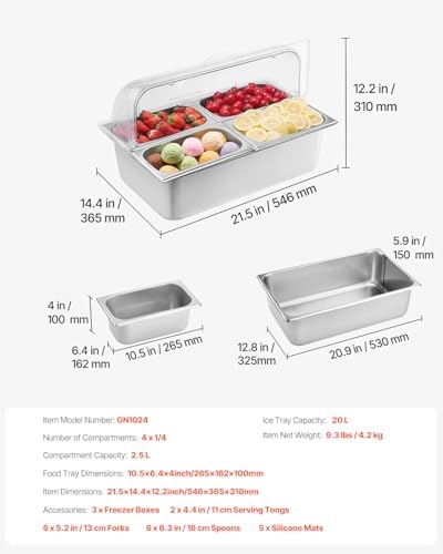 VEVOR Countertop Food Serving Display Container, 4 Pan Stainless Steel Food Serving Tray, Buffet Condiment Dispenser Display Rack with Clear Lid & 3 Freezer Boxes, for Restaurant Hotel Kitchen Party - Image 7
