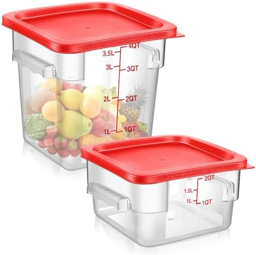 Suclain 2 Pcs Square Food Storage Container Polycarbonate Clear Food Container with Lid Commercial Rice Storage with Graduations for Commercial Kitchen(2 Qt,4 Qt,Red) by Suclain