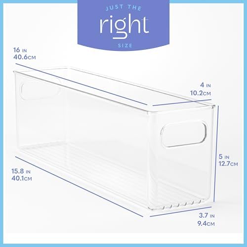 Plastic Food Storage 4 Pack Clear Container Bin with Handles for Organizing Kitchen, Pantry, Fridge, Freezer, Pantry,Bathroom. 16"x4"x5" - Image 3