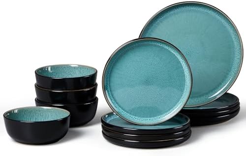 LIANYU Ceramic Dinnerware Sets for 4, 12 Piece Dishes Set, Pastel Turquoise by LIANYU