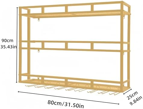 31 Inch Metal Wine Rack Wall Mounted, Bar Shelves for Liquor Bottles with LED Light, 3 Tier Large Capacity Liquor Rack Wall Mounted with Glass Holder for Home Bar & Dining Room, Gold - Image 2