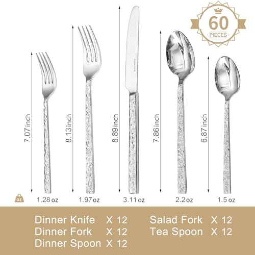 60 Pcs Hammered Silverware Set for 12, 18/10 Stainless Steel Flatware - Image 2