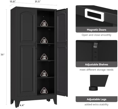 YAUWOH 71''Metal Cabinet with 4 Adjustable Shelves,5-Tier Pantry Storage Cabinet,Kitchen Pantry Cabinet Black - Image 3