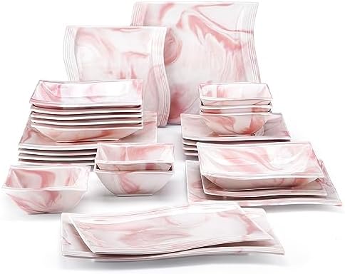 MALACASA Plates and Bowls Sets, 26 Pieces Pink Dinnerware Sets for 6, Porcelain Dinnerware Set with Dinner Plates and Bowls, Serving Platters, Square Dishware Sets, Modern Dish Set, Series Flora by MALACASA