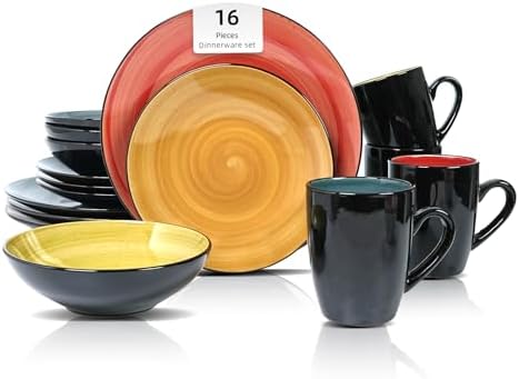 HomeVss, Stoneware Sonoma 16pc Dinnerware Set, Black + Speckled Spin Wash, Mix Blue, Green, Red, Yellow by HomeVSS