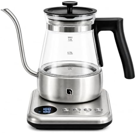 WILLOW Glass Gooseneck Electric Kettle, 5 Temperature Control Presets & Keep Warm, Pour Over Kettle for Coffee & Tea, 1L 1200W Hot Water Boiler, Non-Toxic BPA-Free Electric Tea Kettle, LED Display by WILLOWKITCHEN