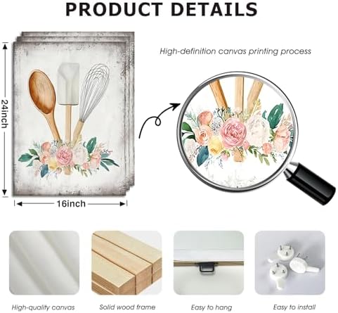 Doqueodas 3pcs Farmhouse Pink Floral Baking Theme Canvas Wall Art 16x24inch - Image 5