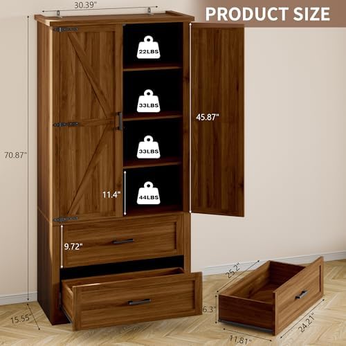BORNOON Pantry Organizers and Storage Cabinet, 71” Barn Door Kitchen Cabinet with Drawers and Adjustable Shelf, Tall Pantry for Kitchen, Dining Room, Living Room, Bathroom and Office - Image 2