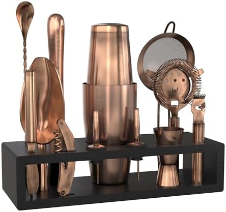 Highball & Chaser Bartender Kit with Black Bamboo Stand Beautiful Cocktail Shaker Set and Bar Tools Stainless Steel Boston Shaker Bartender Kit with Stand (Antique Copper) by HighballChaser