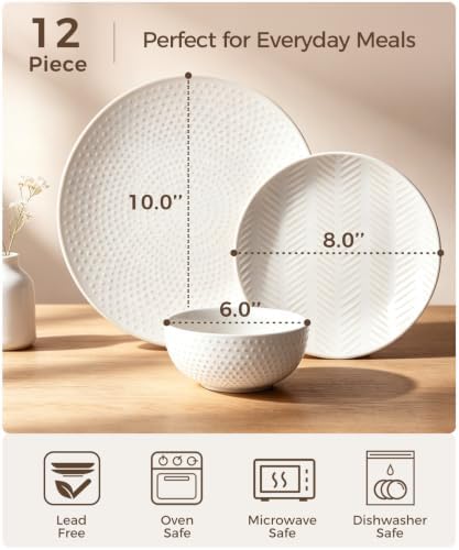 Embossed Ceramic Dinnerware Set for 4, 12-Piece White Plates and Bowls Set, Modern Farmhouse Tableware with 10" & 8" Plates, 26 oz Bowls, Microwave, Oven & Dishwasher Safe - Image 2