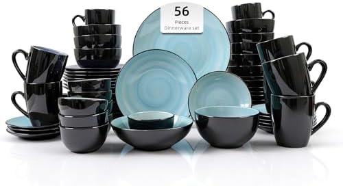 HomeVss, Stoneware Sonoma Dinnerware Set, Black + Speckled Spin Wash (56pc Set, Turquoise) by HomeVSS