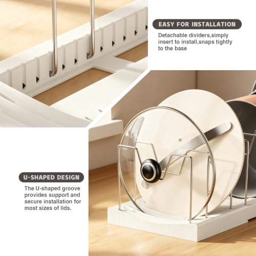 Magheo Pots and Pans Organizer Under Cabinet, Expandable 12.6"-22.8" Kitchen Cabinet Organizer Holder with 10 Adjustable Dividers for Food Storage Container Lid, Cookie Sheet, Cookware(1 Pack, White) - Image 4