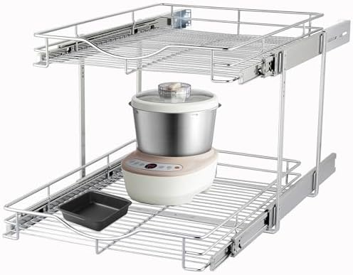 DINDON 2 Tier Pull Out Cabinet Organizer (14" W X 18" D), Double Tier Wire Basket Slide Out Shelf Storage for Kitchen Base Cabinet Organization ​for Kitchen, Pantry, Bathroom, Chrome by DINDON