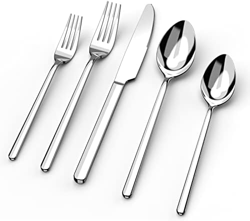 KINGSTONE 30 Pieces Silverware Set, Flatware Cutlery Set for 6, 18/10 Stainless Steel Silverware Utensils Minimalist Design Dishwasher Safe by KINGSTONE