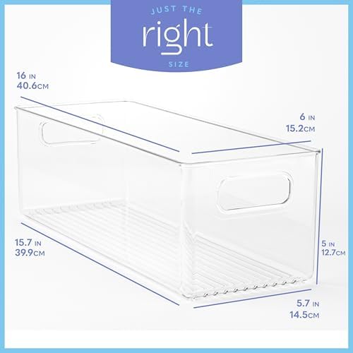 Plastic Food Storage 6 Pack Clear Container Bin with Handles for Organizing Kitchen, Pantry, Refrigerator, Freezer, Pantry, Cabinet, Closet, Bathroom. 16”x6”x5” - Image 3
