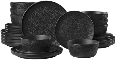 KINGSTONE 24-Piece Hammered Ceramic Dinnerware Sets, Matte Black by KINGSTONE