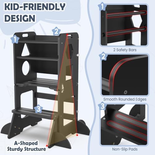 Toddler Standing Tower Anti-Tip Wooden Kitchen Step Stool，Black - Image 2