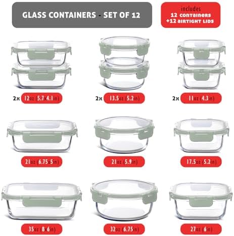 EATEX 24pc Glass Storage Containers with Lids, 12 Glass Food Storage Containers with 12 Airtight Lids for Pantry & Kitchen, Meal Prep Containers for Lunch, Oven Freezer Microwave & Dishwasher Safe - Image 3