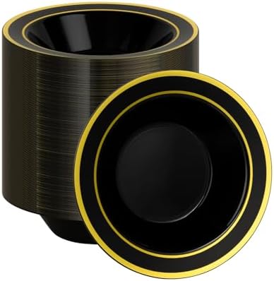 BESTSTAR 200 Pack Black Disposable Bowls with Gold Rim by BESTSTAR
