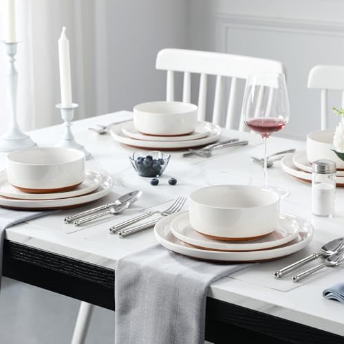 MALACASA Plates and Bowls Sets, 24 Pieces Modern Ceramic Dinnerware Set for 8 Kitchen Stoneware Dishes Dishware Set Microwave and Dishwasher Safe, White, Series TARA - Image 5