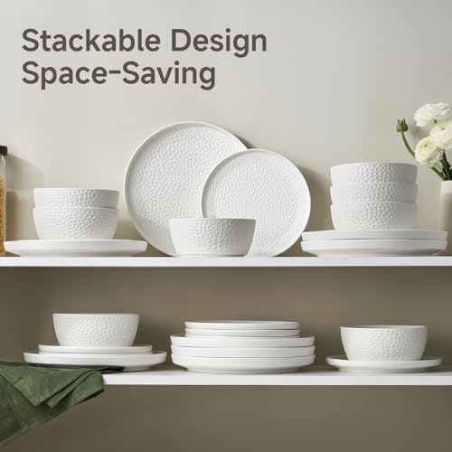 KINGSTONE 18-Piece Hammered Ceramic Dinnerware Sets, White - Image 6