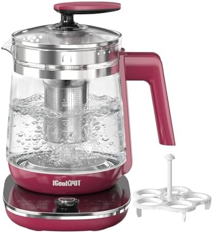 Electric Kettle 1.5L Borosilicate Glass, 1200W Temperature Control Tea Kettle with Auto Shut-Off & Boil-Dry Protection, BPA-Free Stainless Steel Base, Fast Boil for Coffee & Tea, Red by ICOOKPOT