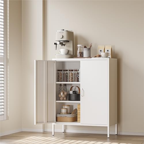 COFaR White Metal Storage Cabinet, 40” Kitchen Buffet & Coffee Bar Cabinet with Adjustable Shelves, 3-Tier Steel Organizer with Magnetic Doors, Sideboard for Dining Room, Home Office by COFAR