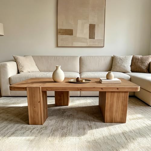 Rustic Wooden Coffee Table with 3 Thicked Legs, Big Rectangle Coffee Table - Image 3