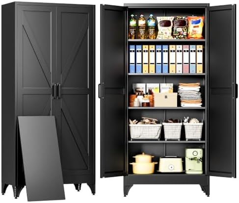 SISESOL 71" Tall Pantry Cabinet,Farmhouse Kitchen Pantry Storage Cabinets with 2 Doors and 5 Shelves,Black Metal Storage Cabinet,Large Cupboard for Home,Kitchen,Dining/Living Room by SISESOL