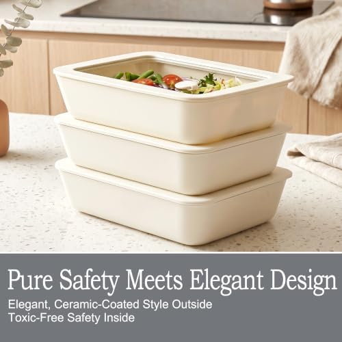 Urban Green Ceramic Coated Glass Food Storage Container with Airtight Glass Lid, 3 Pack Medium Size Rectangle Meal Prep Container, 23oz, Microwave and Oven Safe Non-Toxic Lunch Box, Cream color - Image 2