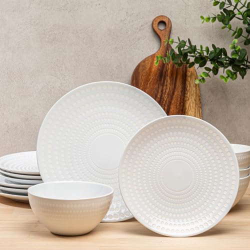 BZYOO Ceramic Dinnerware Set Serive for 4 (12 Pieces), Stoneware Plates and Bowls for Dining Pearl White Dishes Set With DOTDOT Design, Microwave Safe (12 PCS Dishes and Bow set, Bijou Collection) by bzyoo