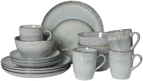 Gibson Elite Jasper 16 Piece Plates and Bowls Reactive Glaze Dishes Stoneware Ceramic Dinnerware Set - Service for 4 - Grey by GibsonHomewares