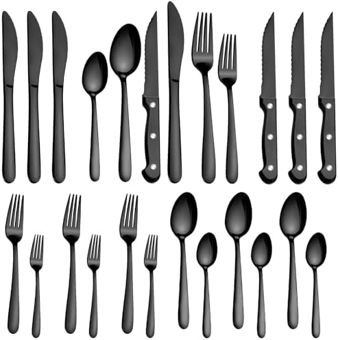 Pleafind 24Pcs Black Silverware Sets for 4 - Dishwasher Safe, Flatware Set with Steak Knives, Stainless Steel Cutlery Set, Include Forks Spoons and Knives Set, Utensil Sets for Home Restaurant by Pleafind