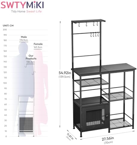 SWTYMIKI Bakers Rack with Storage - Coffee Bar Cabinet Organizer with 8 Hooks, Shelves & Cabinet Door, Coffee Station for Kitchen Dining Room, Microwave Stand with Adjustable Feet, Black - Image 2