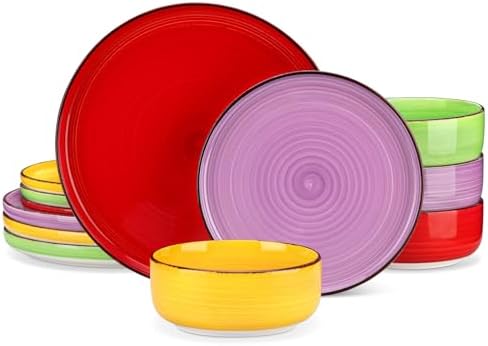 vancasso Bonita Stoneware Dinnerware Sets, 12 Pieces Dishes Set，Polished Round Plates and Bowls Set for 4, Dishwasher and Microwave Safe, Multicolor by vancasso