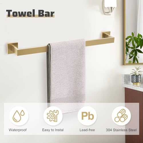 5-Piece Towel Bar Set Brushed Gold Bathroom Hardware Accessories Set Includes Upgraded Double Base Toilet Paper Holder,Modern Square Towel Holder Set Stainless Steel Wall Mount 23.6 Inch - Image 3