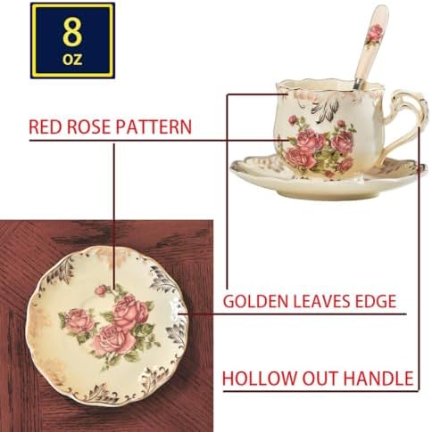 YOLIFE Tea Cups and Saucers Set of 6, 8 OZ Pink Rose Coffee Cups - Image 4