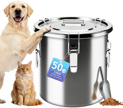 50 lb Stainless Steel Dog Food Storage Container, Airtight Metal Pet Food Storage Bin with Lid and Scoop, Large Dog Food Container for Dry Food, Keep Fresh, Easy to Clean by PawtyPets